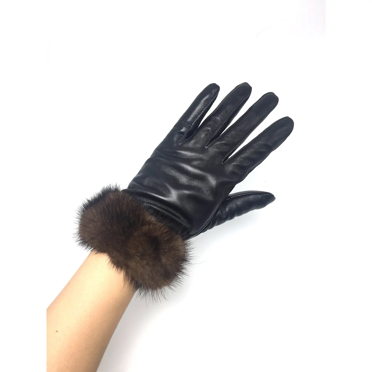 Women's Real Genuine lamb skin leather glove with Mink fur trim cuff for fashion Full finger leather gloves real leather