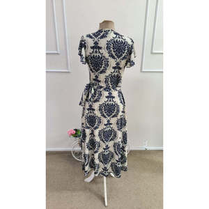 Women's Short Sleeve <b>Wrap</b> Neck Tie-Waist Patterned Interlock Midi Dress, 34769 - <b>Navy</b> Blue - Product Image 4