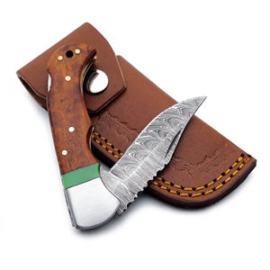 Couteau de poche pliable en acier inoxydable avec manche en bois, verrouillage, étui en cuir, lavable au lave-vaisselle, design moderne, fabrication sur mesure - Product Image 2