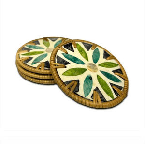 Handcrafted Mother Of Pearl Rattan Round Drink Coasters Elegant Natural Shell Surface Decorative <b>Table</b> <b>Protection</b> Accessories - Product Image 5