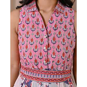 Vestido sin mangas rosa y blanco con estampado de bloques, cuello elegante, informal, largo hasta el suelo, cintura natural, transpirable, con cremallera - Product Image 2