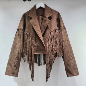 Chaqueta de borla negra de estilo francés para mujer Traje de cuello holgado de manga larga de cuero de imitación de 2 botones con nuevo diseño - Product Image 3