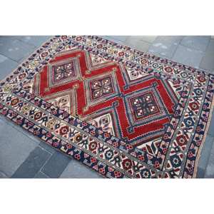 Tapis Vintage en Laine Turque Eco-Friendly Rouge Bleu Patchwork Design 4ft 6in X 6ft 4in Rectangle Medium Pile Style Classique Latex - Product Image 4