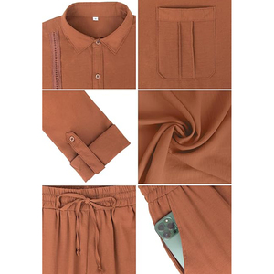 Full Sleeve Button <b>Down</b> Shirt Loose <b>Pants</b> 2 Piece Set High Quality Long Sleeve Beach Wear Outfits Yoga Casual With Pocket Men's - Product Image 6