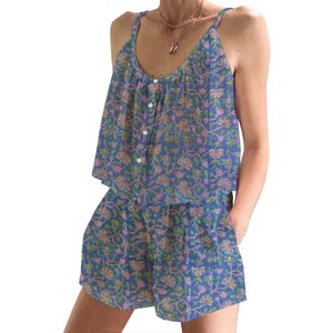 Ensemble de pyjama en coton imprimé à blocs d'été pour femmes Ensemble de pyjama floral ajusté sans manches à bretelles printemps/été - Product Image 1