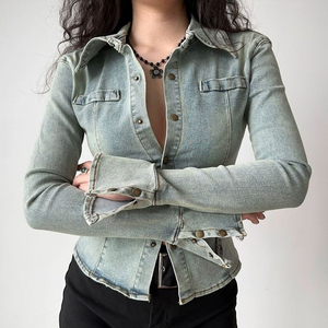 Fabuleuse veste en jean à boutons pour femmes hiver brut respirant écologique personnalisable à manches longues avec bord à volants Logo personnalisé - Product Image 1