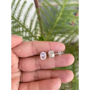 Natural Rose Quartz Oval Cut <b>Stud</b> <b>Earrings</b> 925 Sterling Silver Handmade Fine Gemstone Jewelry Wholesale Supplier - Product Image 3