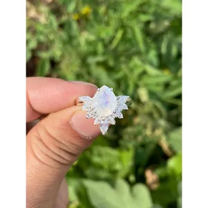 925 Silver Natural Moonstone Ring Handmade Dainty Jewelry with Pear Cut Gemstone Rhodium Plated Engagement Style - Product Image 1