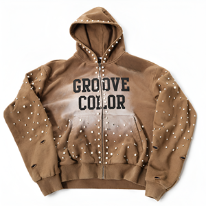 Custom <b>Studded</b> Zip Up Hoodie Vintage Washed Streetwear Long Sleeve Casual Sweatshirt <b>for</b> <b>Men</b> and Women Wholesale OEM ODM Factory - Product Image 1