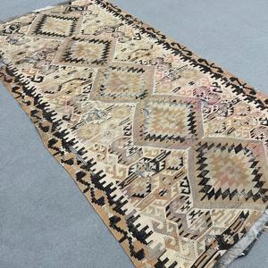 Vintage Rug, Large 5x9.2 ft Turkish Rug, <b>Brown</b> Black Patchwork <b>Wool</b> Rug - Product Image 2
