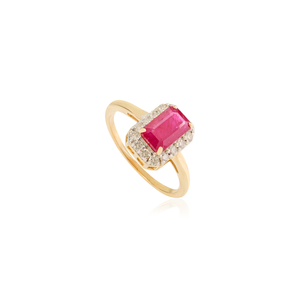 Anillo de Compromiso de Oro Amarillo Real de 14K con Diseño Moderno y Simple, Corte Octogonal de Rubí y Halo de Diamantes Redondos, Joyería Personalizada - Product Image 3