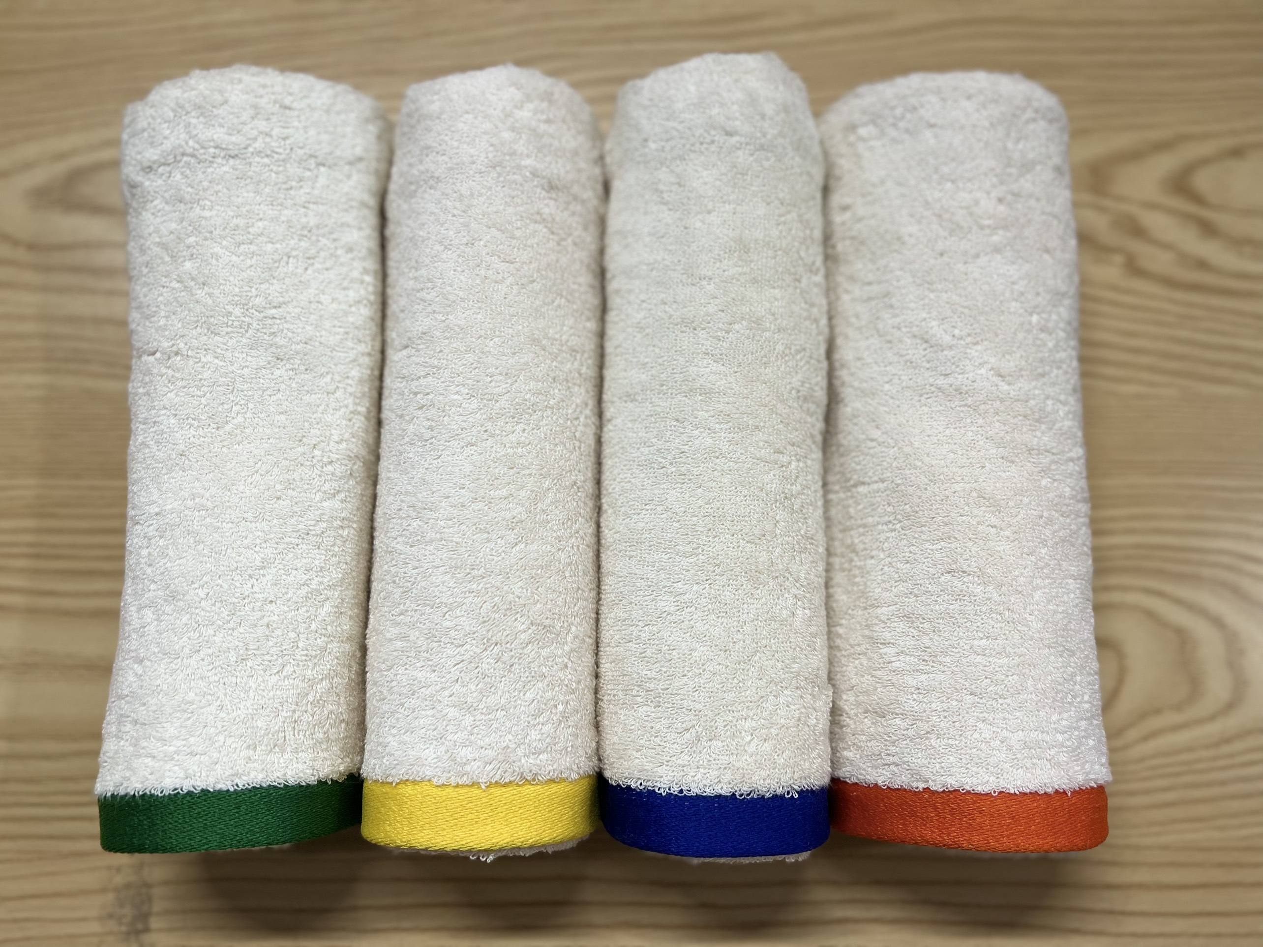 White with blue/yellow/green/orange