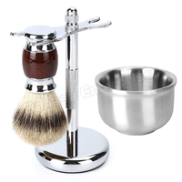 Kit de rasage humide pour hommes, 4 pièces, brosse de rasage pour poils de blaireau, support en acier inoxydable, bol de rasage et rasoir de sécurité