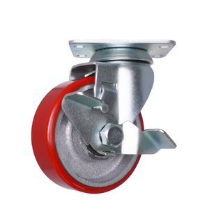 Roues en fonte de 4 pouces, roulettes pivotantes en polyuréthane rouge avec frein pour usage industriel - Product Image 1