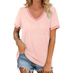 Camiseta informal con cuello en V para mujer, camisetas de algodón suave holgadas de manga corta de verano con bolsillo para uso diario, tela de punto - Product Image 3