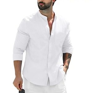 Hauts à manches longues en lin et satin pour hommes, chemises à revers confortables et décontractées pour la plage, couleur unie, mode estivale - Product Image 4