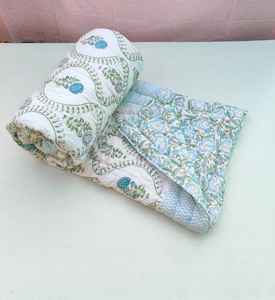 Handmade Floral Block Print Razai Quilt Organic Cotton Warm Reversible - Product Image 1