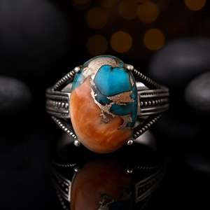 Anillo Ovalado de Cobre y Turquesa, Joyería Boho Hecha a Mano en Plata de Ley para Mujer, Anillo de Diseño, Proveedor Mayorista - Product Image 1