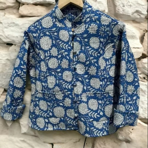 Veste matelassée faite à la main pour femmes, Parka en coton à fleurs à manches longues, Design bleu réversible, lavable à la main, Style Boho Vintage - Product Image 3