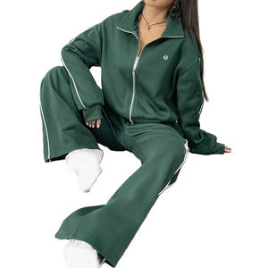 Women Activewear Tracksuit Zip Jacket with Contrast Piping Pants Relaxed Fit <b>Athletic</b> Sportswear bulk manufacturing - Product Image 3