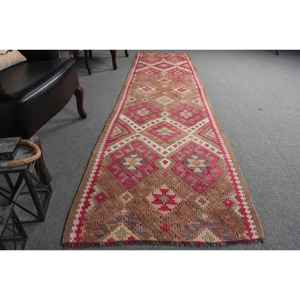Vintage Rug, 2.6x10.4 ft <b>Runner</b> Rug, <b>Red</b> Plants & trees Wool Turkish Rug - Product Image 3