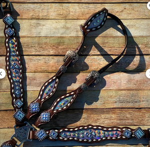 Kaamkaaj Genuine Leather Western Saddle Horse Tack <b>Set</b> Metal Components Buckle Closure <b>Beaded</b> Headstall Breast Collar-Riding - Product Image 2