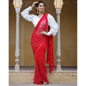 Sari Ligero con Adornos Rojo Rosa para Mujer, Estilo Leheriya, para Fiestas - Product Image 5