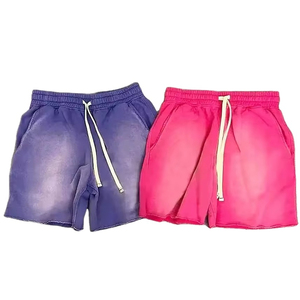 Custom Heavyweight Cotton Pants Raw Hem Ripped Plain Fleece Streetwear Shorts Sports Drawstring Joggers Acid Wash High Street - Product Image 1