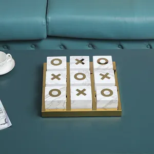 Juego de Tic-Tac-Toe de mármol de lujo con tira de metal, tablero de mármol con tacto dorado con XO de mármol para decoraciones y juegos del Hogar Infantil - Product Image 6
