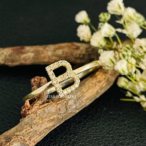 14K Solid <b>Gold</b> Natural Diamond Initial <b>Dainty</b> <b>Ring</b> - Product Image 1