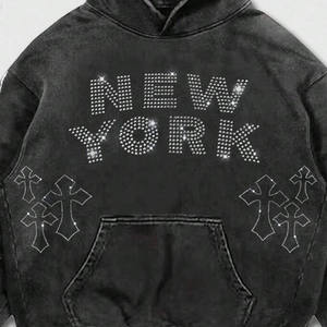 Sudadera con capucha de gran tamaño con estampado cruzado y letras de diamantes de imitación de alta calidad para hombre-Sudadera con capucha lavada con hombros caídos regulares para hombre - Product Image 6