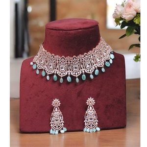 Stunning High Quality Rose <b>Gold</b> Plated Stylish Zircon Necklace Choker <b>Set</b> With <b>Earrings</b> For Wedding And Party Wear Collection - Product Image 1