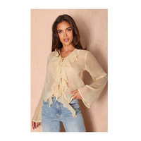 Chemisier décontracté beige à manches longues en mousseline 100 % polyester pour femme, avec volants et dentelle imprimée sur le devant, taille XS, printemps-été-automne, sans bretelles