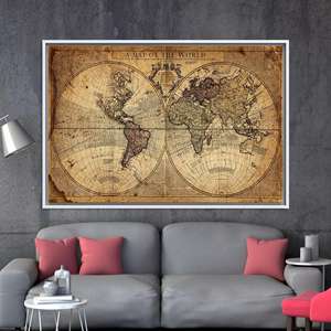Art mural en verre avec carte du monde vintage : toile imprimée décorative style ancien monde, toile encadrée blanche - Product Image 1