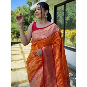 ผ้าไหมปาธานีสีส้มทออย่างประณีต พร้อมเสื้อคลุมสำหรับงานแต่งงาน - Product Image 4