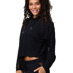 Sweat-shirt en molleton court de couleur unie pour femmes avec épaule tombante Style décontracté haut de printemps haut à capuche en gros - Product Image 4