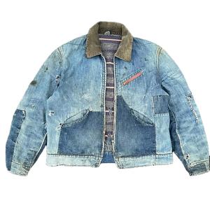 Chaquetas de mezclilla vintage para hombre, de diseño personalizado, con cremallera, forradas, de algodón, estilo trabajo, con ribete de mezclilla y detalles de reparación, de gran tamaño. - Product Image 1