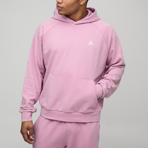 Sweat à capuche rose avec manches en strass, poche kangourou, logo sur la poitrine, coupe ample, finition douce, streetwear, vêtements décontractés, style premium, hiver - Product Image 1