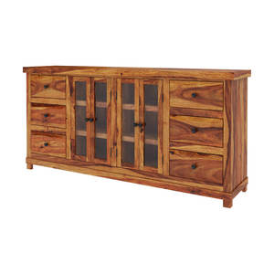 Buffet en teck massif rustique moderne fait à la main avec 6 tiroirs et portes en verre, écologique, durable, meubles de maison, rangement pour salle à manger - Product Image 3