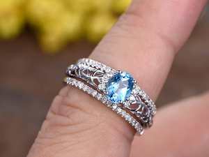 แหวนหมั้นเพชรสีฟ้าประดับพลอยสีทอง14K ทรงรีสำหรับผู้หญิงแหวนแต่งงาน - Product Image 5