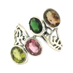 Anillo Apilable Hecho a Mano de Plata de Ley 925 con Gema Ovalada de Turmalina Multicolor para Joyería de Boda Unisex - Product Image 1