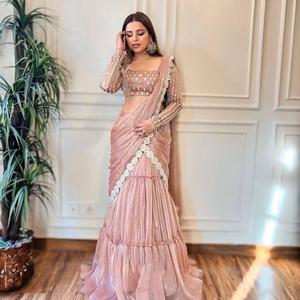 Neuer Designer exklusivster Twill Organza Faden mit Sequenz Stickerei Arbeit Lehenga <span class=keywords><strong>Saree</strong></span> Rüschen drapiert <span class=keywords><strong>Saree</strong></span> für Frauen - Product Image 1