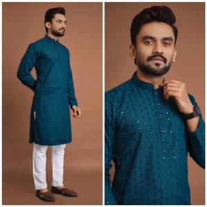 Designer <b>Men's</b> Premium Quality Cotton Fabric Kurta Pajama Premium Rayon Wedding and <b>Festive</b> Party <b>Wear</b> with Sequence Work - Product Image 2