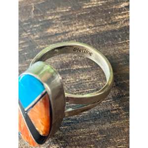 Navajo Multi-Geometric Stone & Platinum Sterling <b>Silver</b> Inlay <b>Ring</b> Size 6-for Everyday Wear with Turquoise <b>Opal</b> Pearl Gemstones - Product Image 5