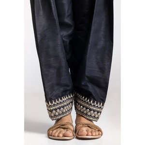Pantalon Harem en Soie Crue 100% Noire Teinte et Brodé, Taille Haute, Tissu Crêpe Respirant TR-24-29 - Product Image 3
