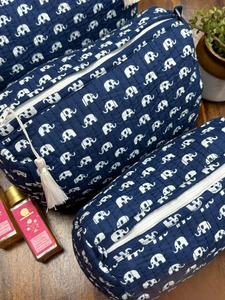 Blue Indian Handmade Vintage Water Resistant Hand-Block Printed Cotton Fabric Cushioned Case Zipper Closure Beaded Tassels Large - Product Image 2