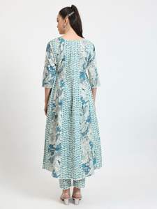 ชุด anarkali Palazzo สำหรับผู้หญิงพิมพ์ลายดอกไม้สีฟ้าและสีขาวแขน3/4สำหรับเด็กผู้หญิง - Product Image 4