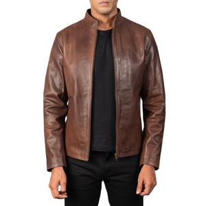 Veste moto en cuir véritable marron pour homme, col montant, fermeture éclair, coupe ajustée, pour l'automne - Product Image 1