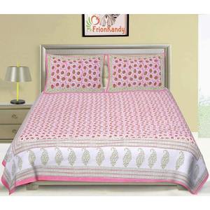 Jaipuri 240 TC Cotton Super <b>King</b> <b>Size</b> Double Bed <b>Sheet</b> 2 Pillow Covers Pink Floral Hand Block Print 3-Piece Set for Home - Product Image 1