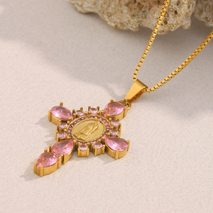 Dreamshow la Vierge <span class=keywords><strong>Marie</strong></span> Collier pendentif croix Zircon <span class=keywords><strong>rose</strong></span> <span class=keywords><strong>Bijoux</strong></span> Collier en acier inoxydable plaqué or - Product Image 6